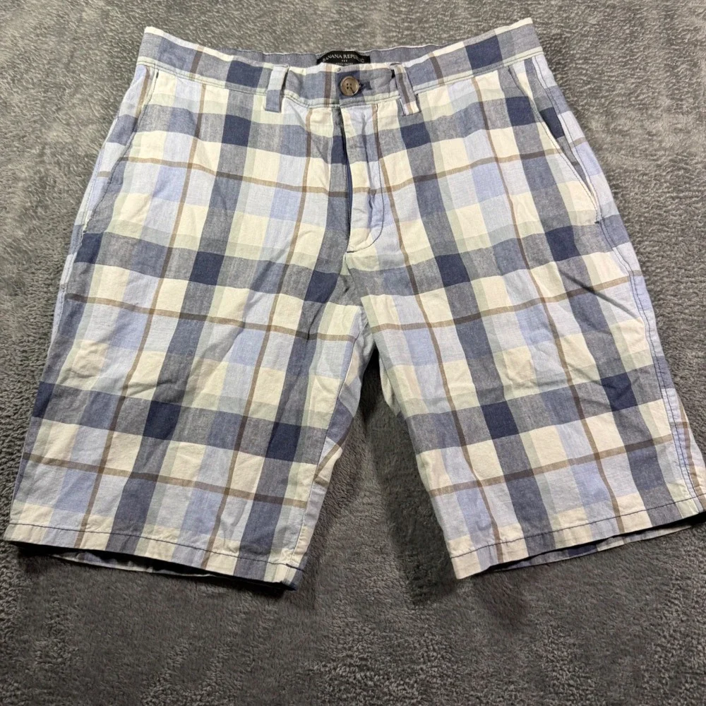 Banana Republic Aiden Short Mens 31 Blue White Plaid Cotton Flat Front Shorts